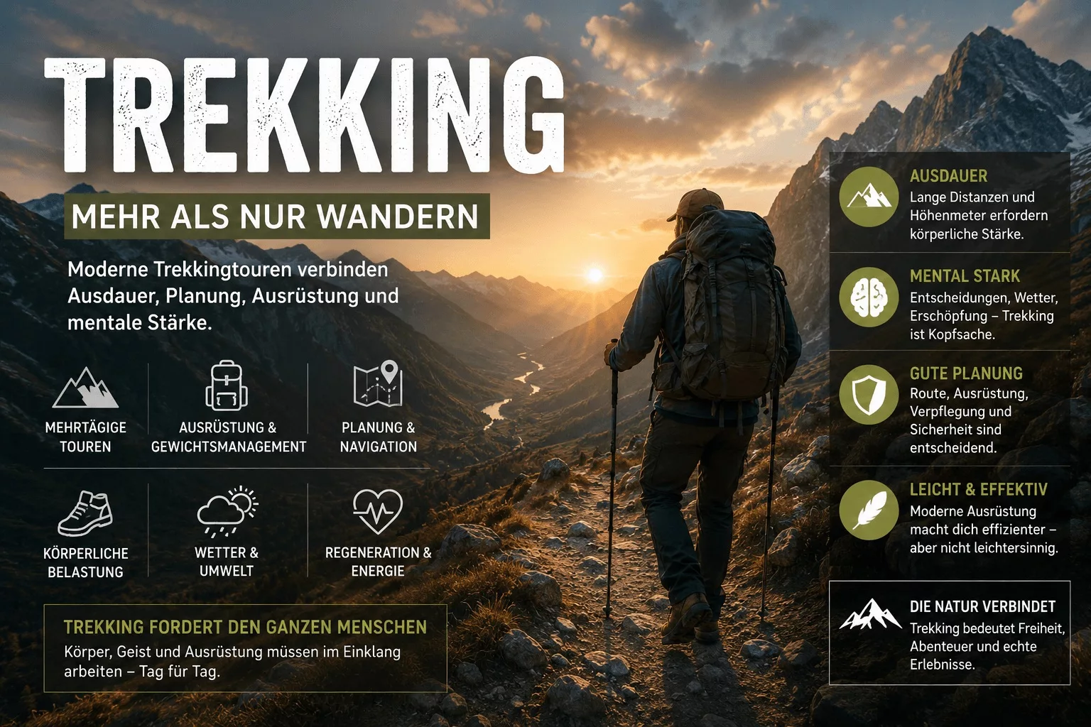 Trekker mit Rucksack auf moderner Trekkingtour in alpiner Berglandschaft bei Sonnenuntergang