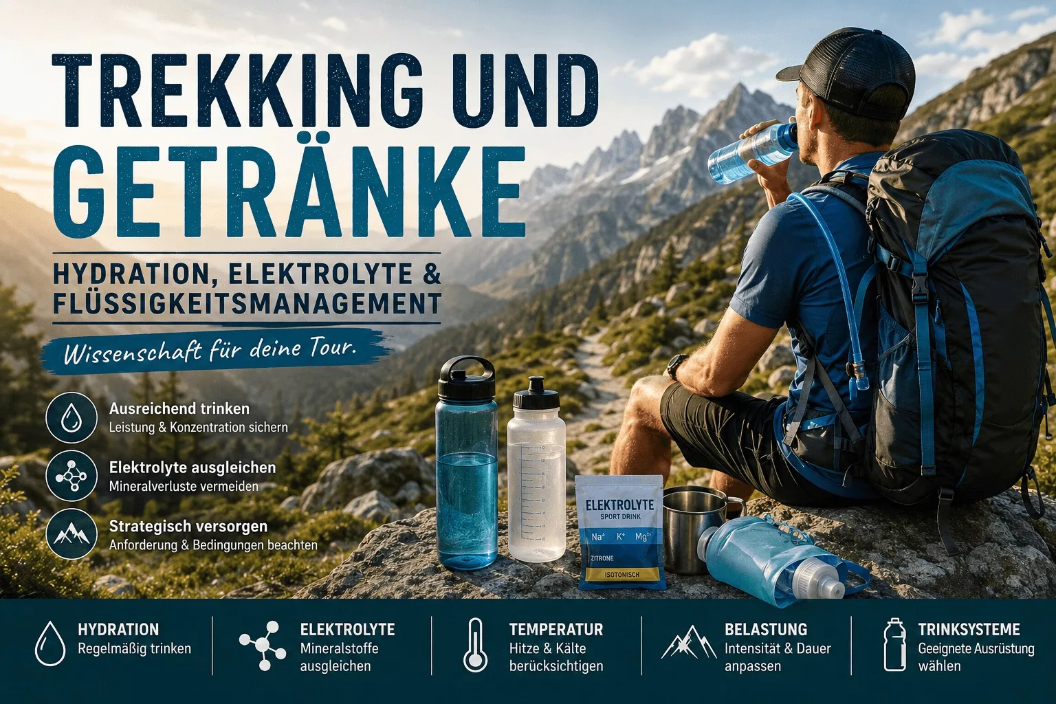 Trekker mit Trinksystem und Outdoor-Getränken in alpiner Berglandschaft während einer Trekkingtour
