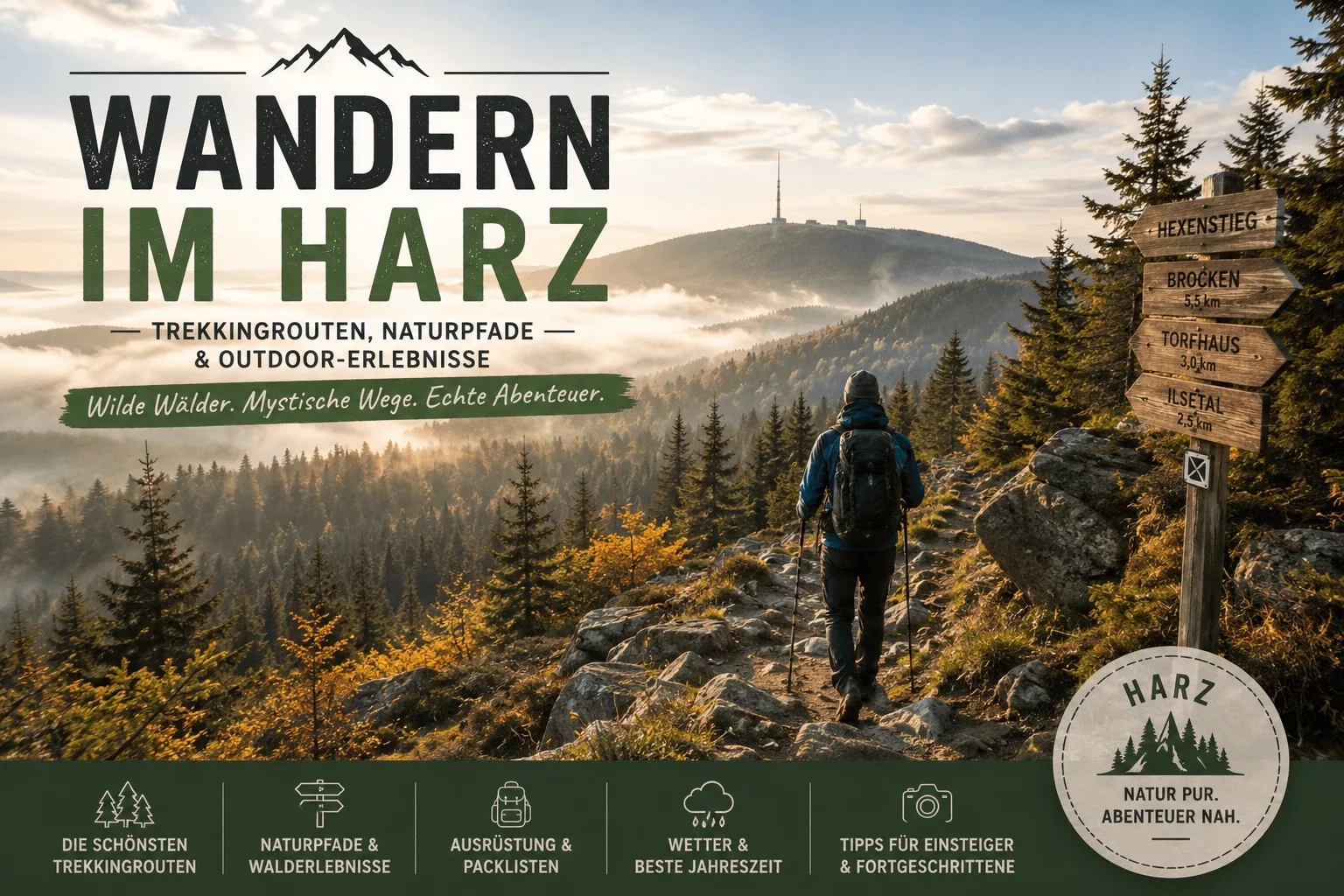 Trekker auf Naturpfad im Harz mit Blick auf Wälder, Brocken und mystische Mittelgebirgslandschaft