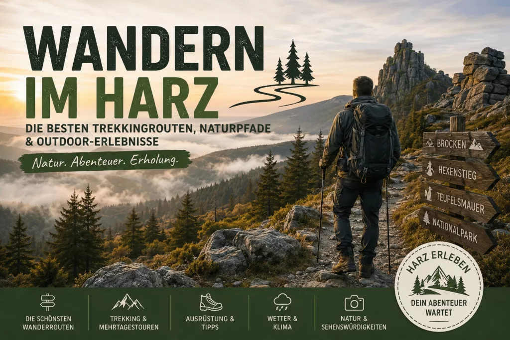Trekker auf Naturpfad im Harz mit Blick auf Wälder, Brocken und mystische Mittelgebirgslandschaft
