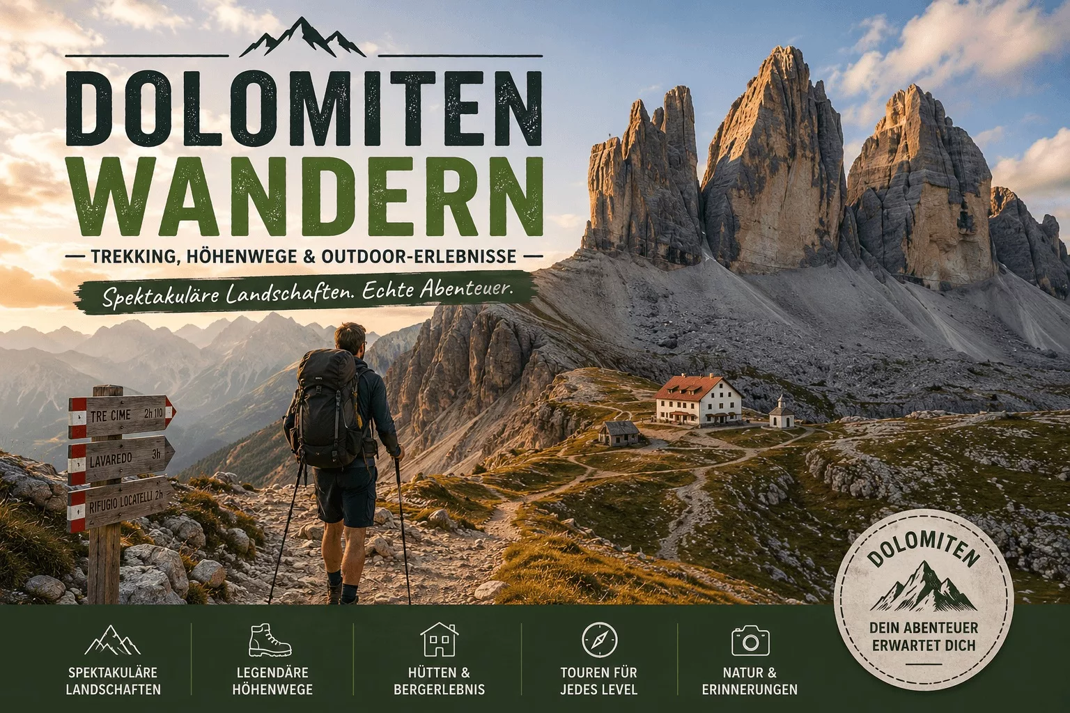 Trekker auf Höhenweg in den Dolomiten mit Blick auf alpine Felslandschaft und Berghütten