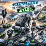 Ultraleicht-Trekking Ausrüstung 2026 mit Rucksack, Zelt und Outdoor-Gear in alpiner Berglandschaft