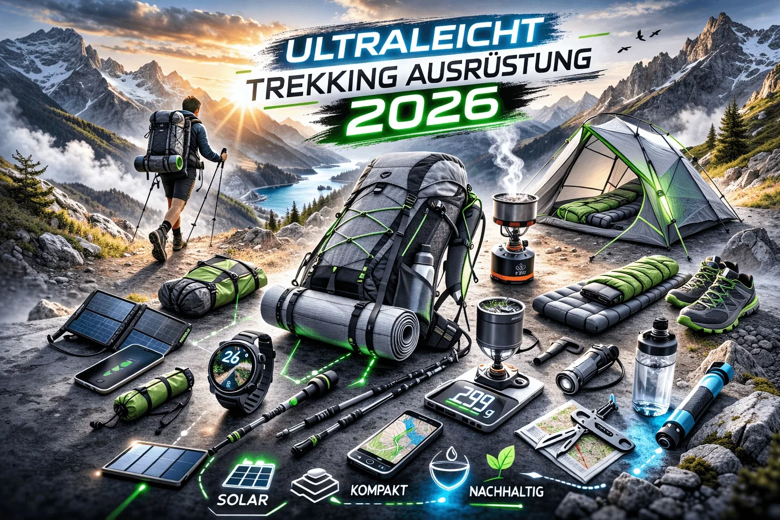 Ultraleicht-Trekking Ausrüstung 2026 mit Rucksack, Zelt und Outdoor-Gear in alpiner Berglandschaft