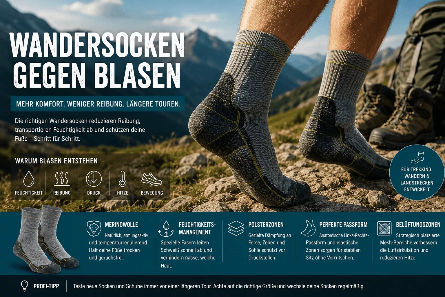 Moderne Wandersocken gegen Blasen auf Trekkingtour in alpiner Berglandschaft